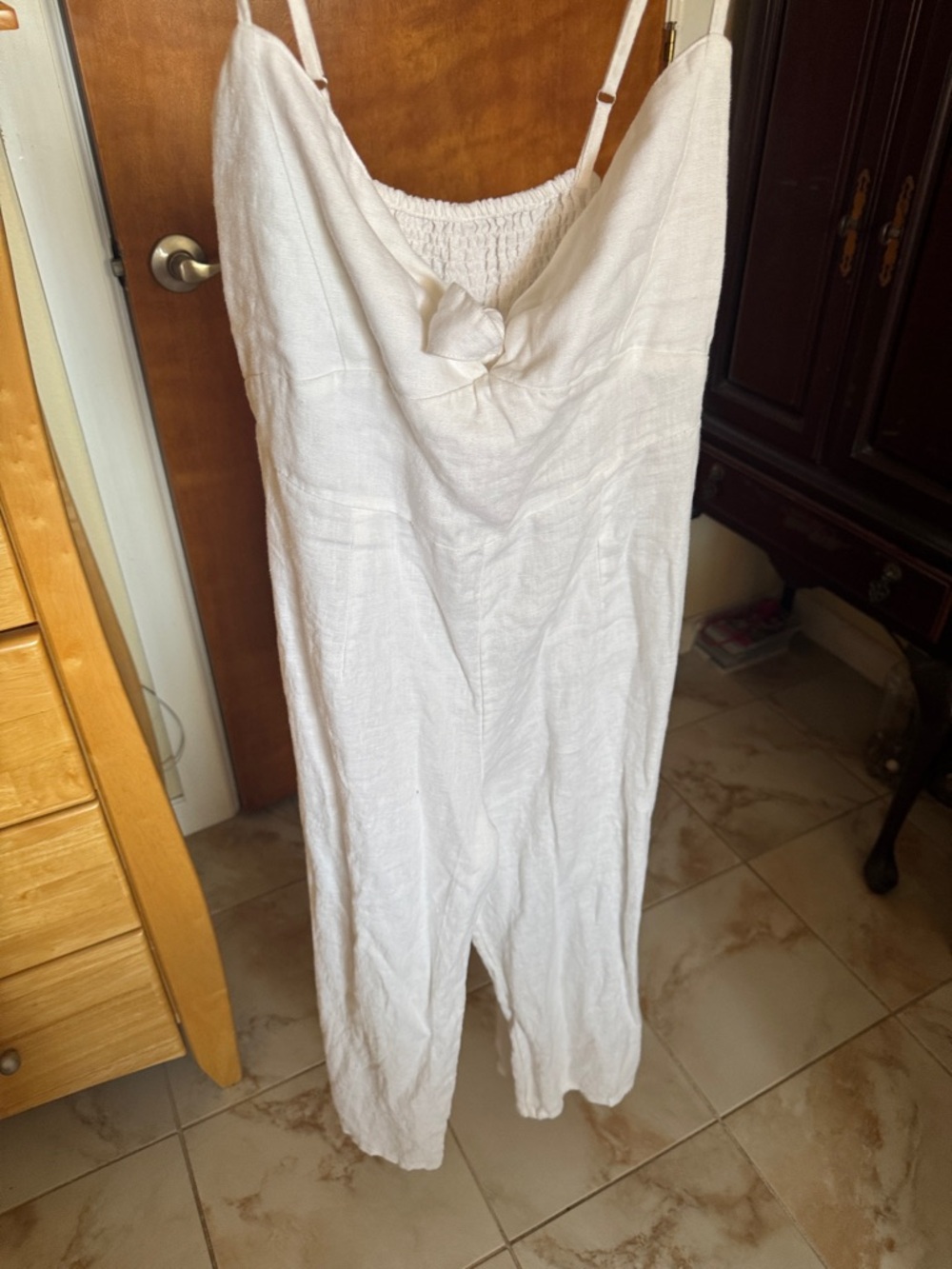 Elan Cream Linen Blend Jumpsuit with Spaghetti Straps